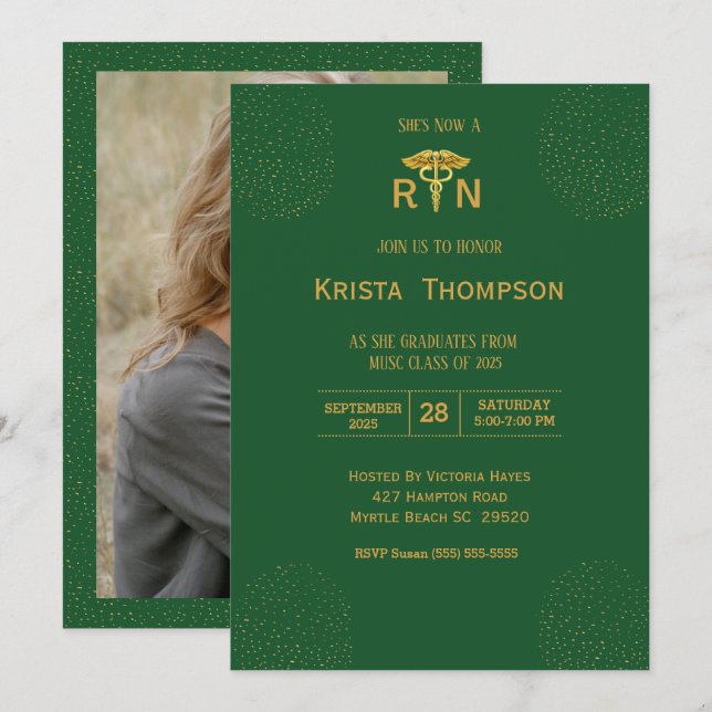  Photo Registered Nurse Graduation Green Gold  Inv Invitation (Front/Back)