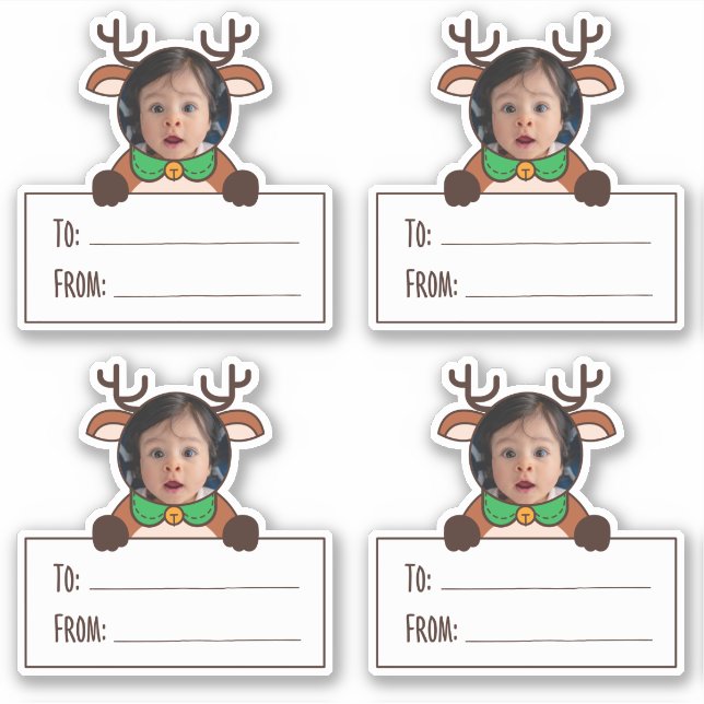 Photo Reindeer Gift Tag Sticker (Front)