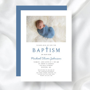 Photo Religious Cross Blue Boy Baptism Invitation