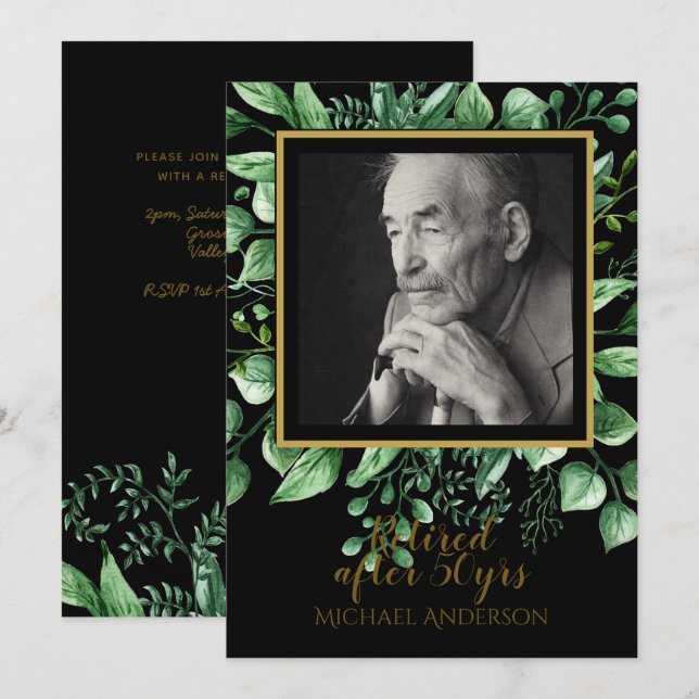 PHOTO Retirement Invitation Black Gold Leaves (Front/Back)