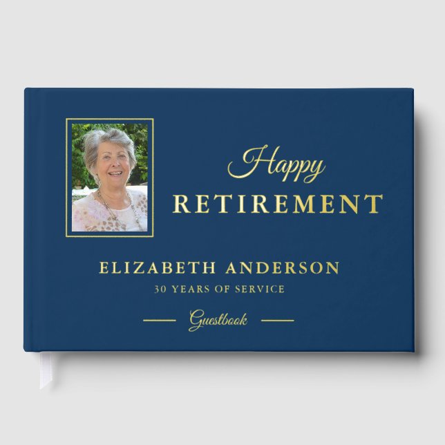 Photo Retirement Party Blue with Gold Foil Guest Book (Front)