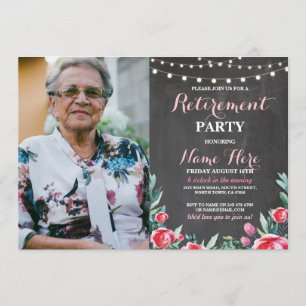Photo Retirement Party Chalk Red Floral Roses Invitation