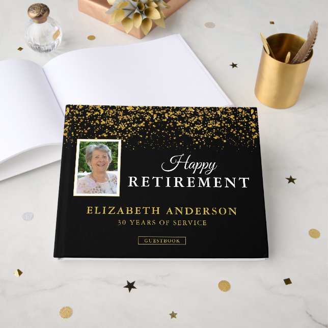 Photo Retirement Party Guests Black & Gold Glitter Guest Book (Front Open)