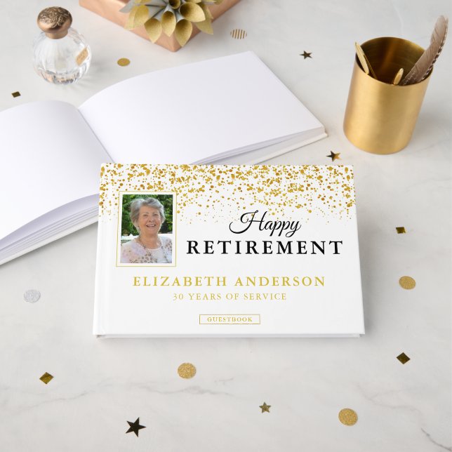Photo Retirement Party Guests Blue & Gold Glitter Guest Book (Front Open)