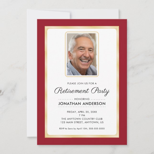 Photo Retirement Party | Red and Gold Invitation (Front)