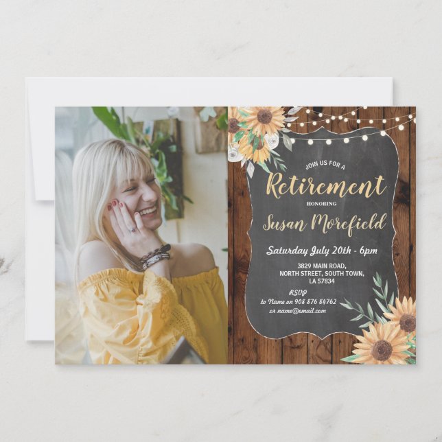 Photo Retirement Party Rustic Wood Sunflower Invitation (Front)