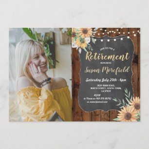 Photo Retirement Party Rustic Wood Sunflower Invitation