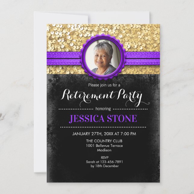 Photo Retirement - Purple Gold Black Invitation (Front)