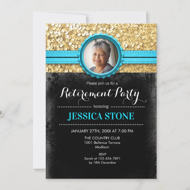 Photo Retirement - Turquoise Blue Gold Black Invitation (Front)