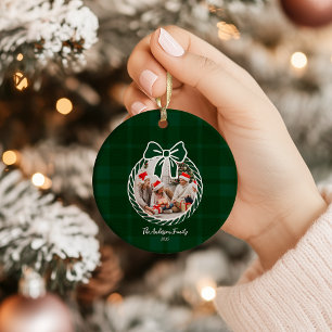 Photo Retro Green Plaid Whimsical Christmas Ceramic Ornament