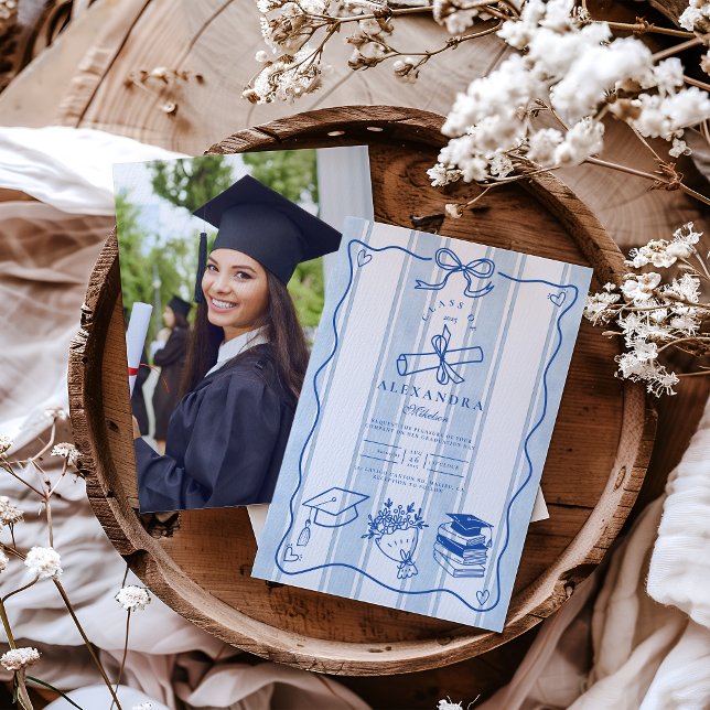 Photo Retro Hand Drawn Blue Graduation Invitation (Creator Uploaded)