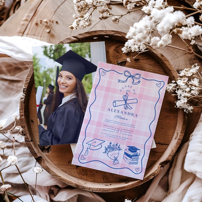 Photo Retro Hand Drawn Pink and Blue Graduation Invitation (Creator Uploaded)
