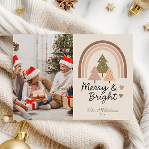 Photo Retro Neutral Rainbow Merry & Bright  Holiday Card