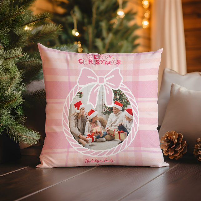 Photo Retro Pink Plaid Whimsical Holiday  Throw Pillow (Creator Uploaded)