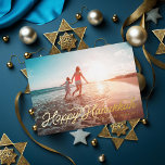 Photo Retro Script Happy Hanukkah Foil Holiday Card<br><div class="desc">Retro style script font "Happy Hanukkah" in real foil. Add a message or more photos to the back side. Choose from gold,  silver or rose gold foil</div>