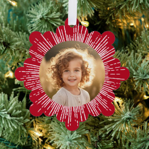 Photo retro sunburst snowflake red Christmas Ornament Card