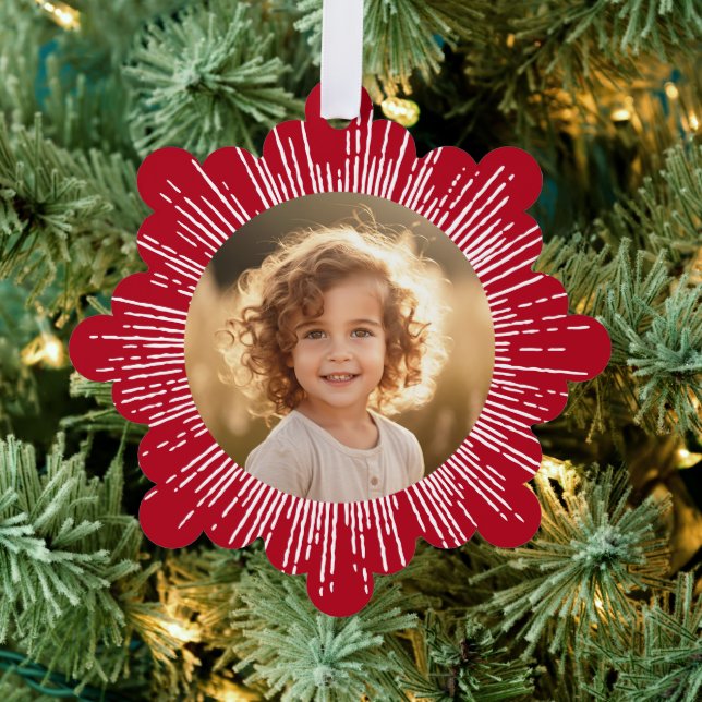 Photo retro sunburst snowflake red Christmas Ornament Card (Insitu (Tree))
