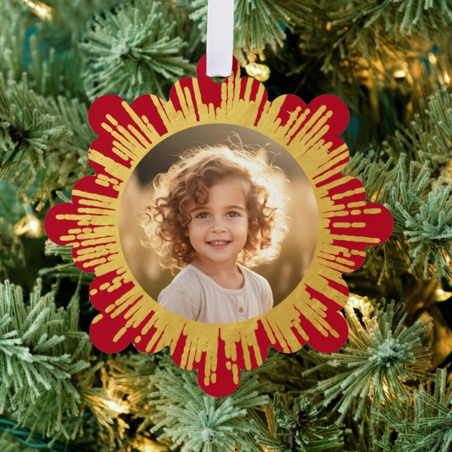 Photo retro sunburst snowflake red Christmas Ornament Card (Insitu (Tree))
