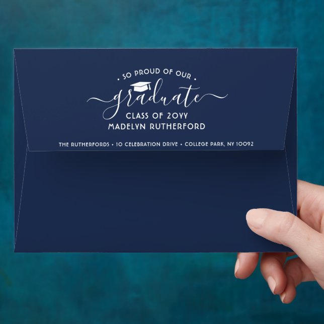 Photo & Return Address Navy Blue White Graduation Envelope (Hand)