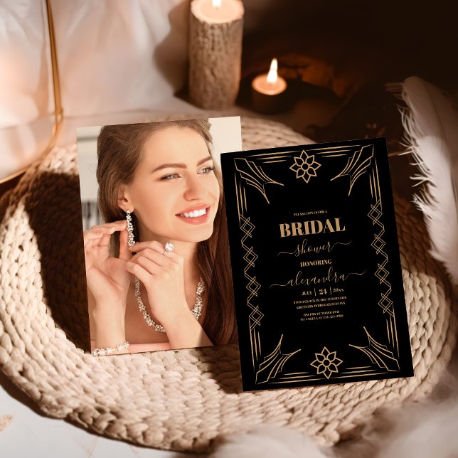  Photo Roaring 20s Gold Art Deco Bridal  Invitation (Creator Uploaded)