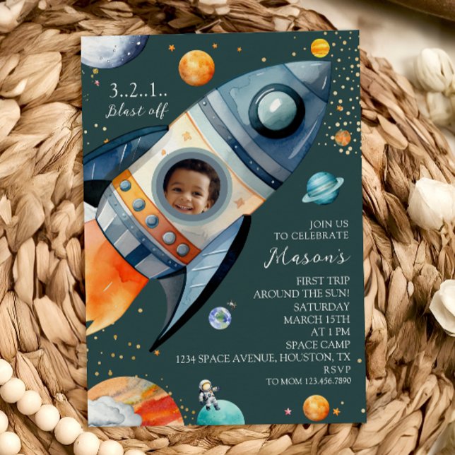 Photo Rocket First Trip Around the Sun Space B-day Invitation (Creator Uploaded)