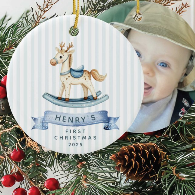 Photo Rocking Horse First Christmas Ceramic Ornament (Creator Uploaded)