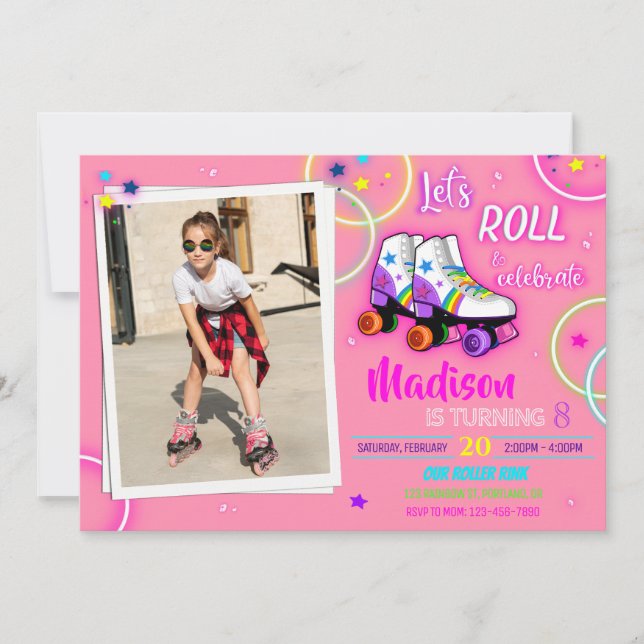 Photo Roller birthday invitation Girl party invite (Front)