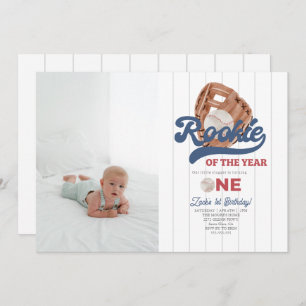 Photo Rookie Baseball glove Boys 1st Birthday Invitation
