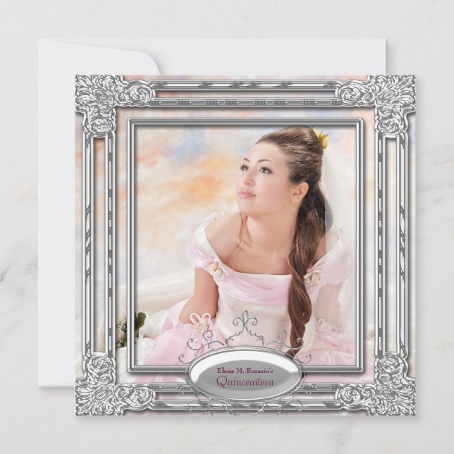 Photo rose argent Quinceanera Invitation (Devant)