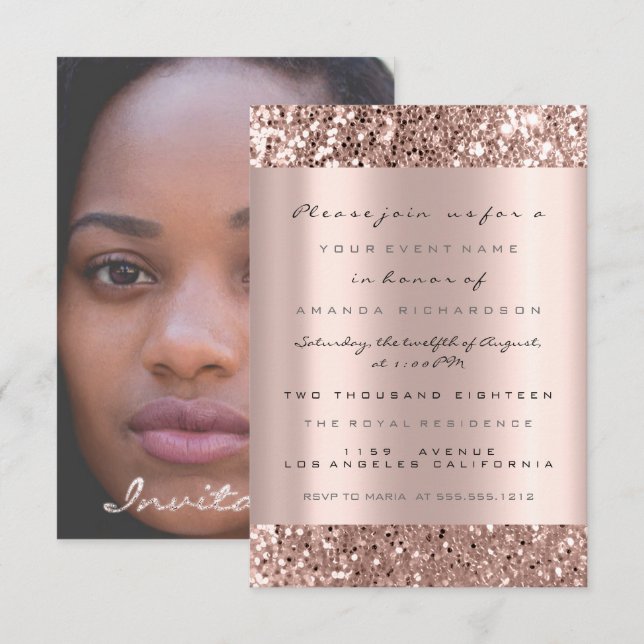 Photo Rose Glitter Bridal Shower Graduation Invitation (Front/Back)