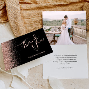 Photo Rose Gold Glitter Black Wedding Thank You Card