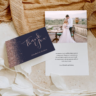 Photo Rose Gold Glitter Blue Wedding Thank You Card