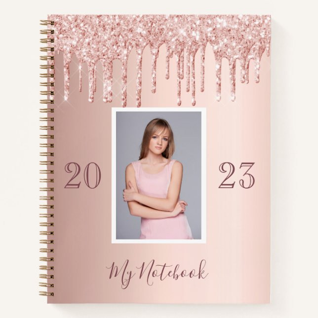 Photo rose gold glitter drips glam girly diary notebook (Front)