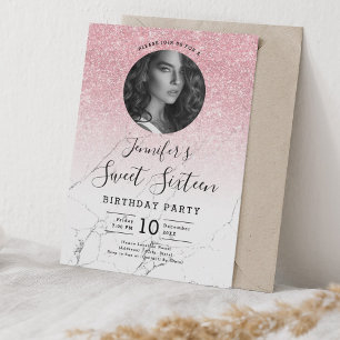 PHOTO Rose Gold Glitter Marble Sweet 16 Party Invitation