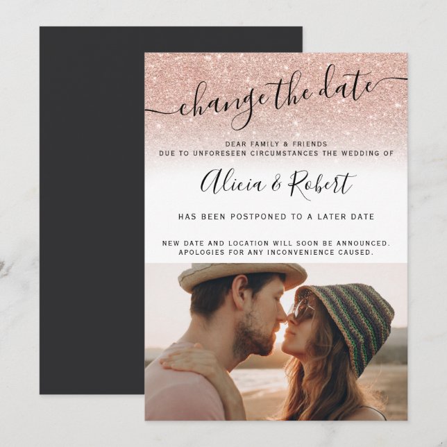 Photo rose gold glitter script change the date invitation (Front/Back)
