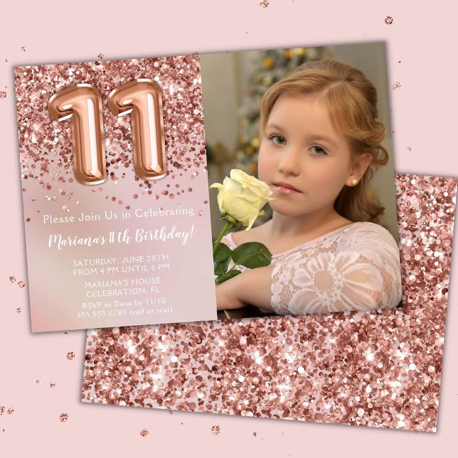 Photo Rose Gold Kids Girl 11th Birthday Party Invitation (Creator Uploaded)