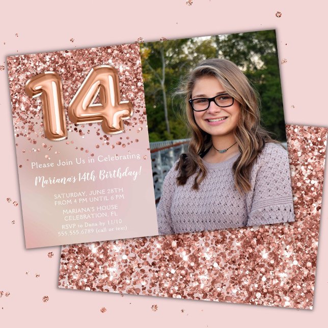 Photo Rose Gold Kids Girl 14th Birthday Party Invitation (Creator Uploaded)