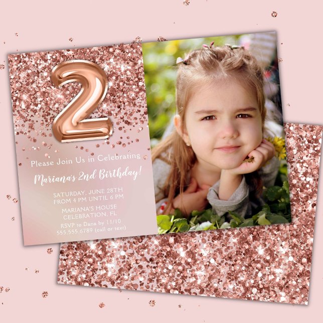 Photo Rose Gold Kids Girl 2nd Birthday Party Invitation (Creator Uploaded)