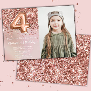 Photo Rose Gold Kids Girl 4th Birthday Party Invitation