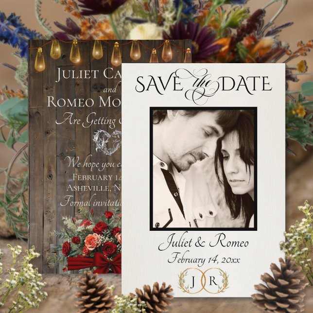 Photo, Roses & Leaf Monogram - Red Save The Date (Creator Uploaded)