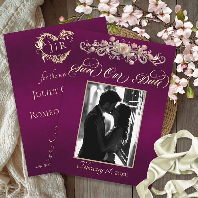 Photo, Roses & Monogram - Plum Save The Date (Creator Uploaded)