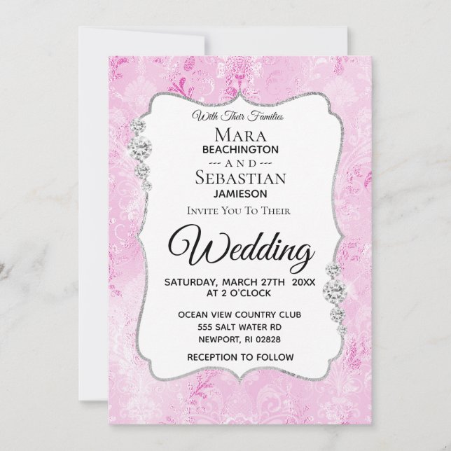 *~* Photo - RSVP - QR Diamond Damask Wedding Invitation (Front)