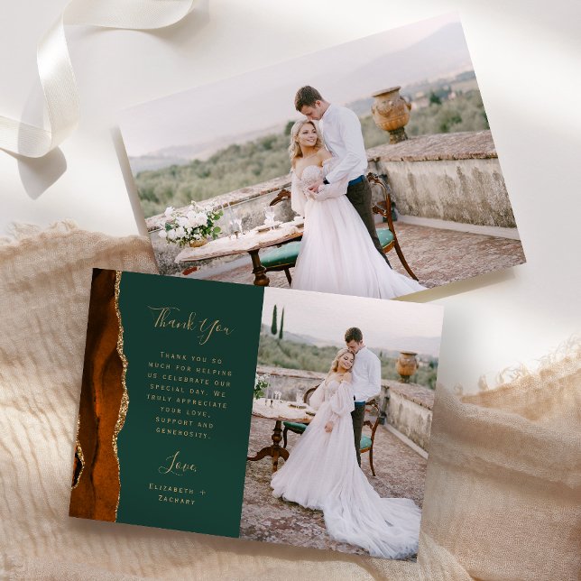 Photo Rust Agate Green Gold Script Wedding Thank You Card (Creator Uploaded)