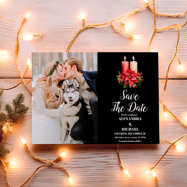 Photo Rustic Black Poinsettia Christmas Wedding Save The Date (Creator Uploaded)