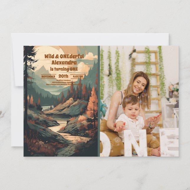 Photo Rustic Mountain Forest 1st Birthday Invitation (Front)