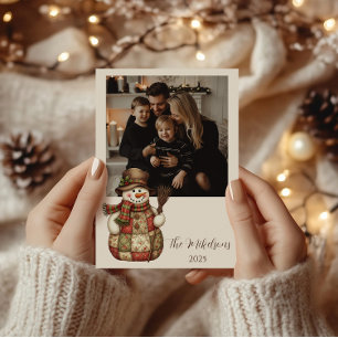 Photo Rustic Patchwork Snowman Christmas Holiday Card