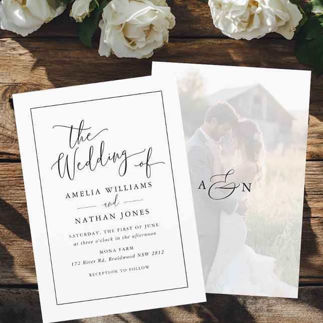 Photo Rustic Script Black White Wedding   Invitation (Creator Uploaded)