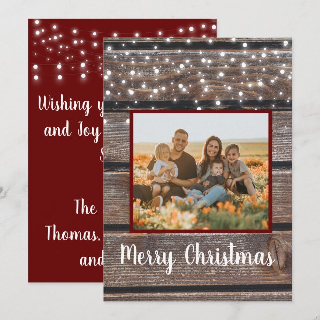 Photo Rustic String Lights Red Christmas card (Front/Back)
