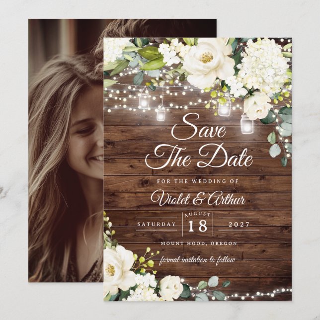 Photo Rustic String Lights Wedding Save The Date  Invitation (Front/Back)