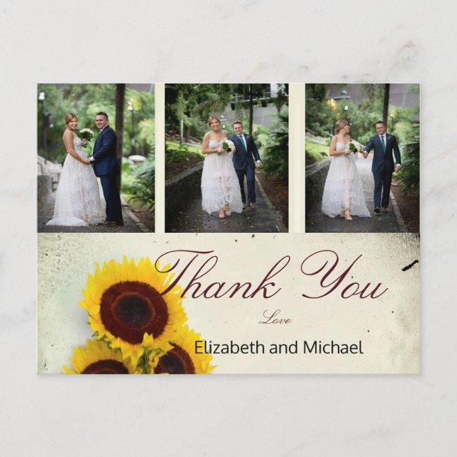 Photo Rustic Sunflower  Elegant Wedding Thank You Postcard (Front)
